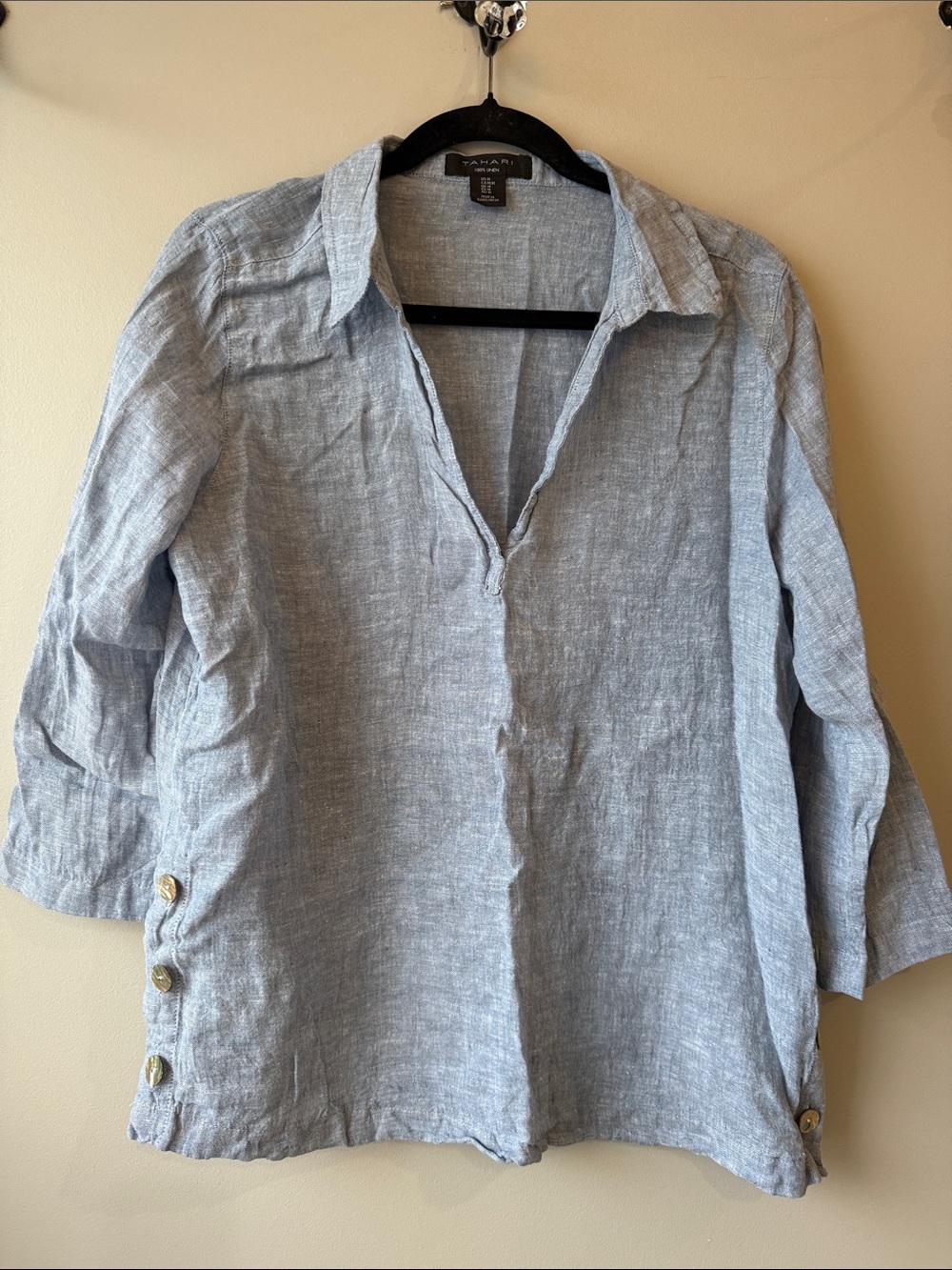 Tahari Light Blue Linen Button-Accent Tunic